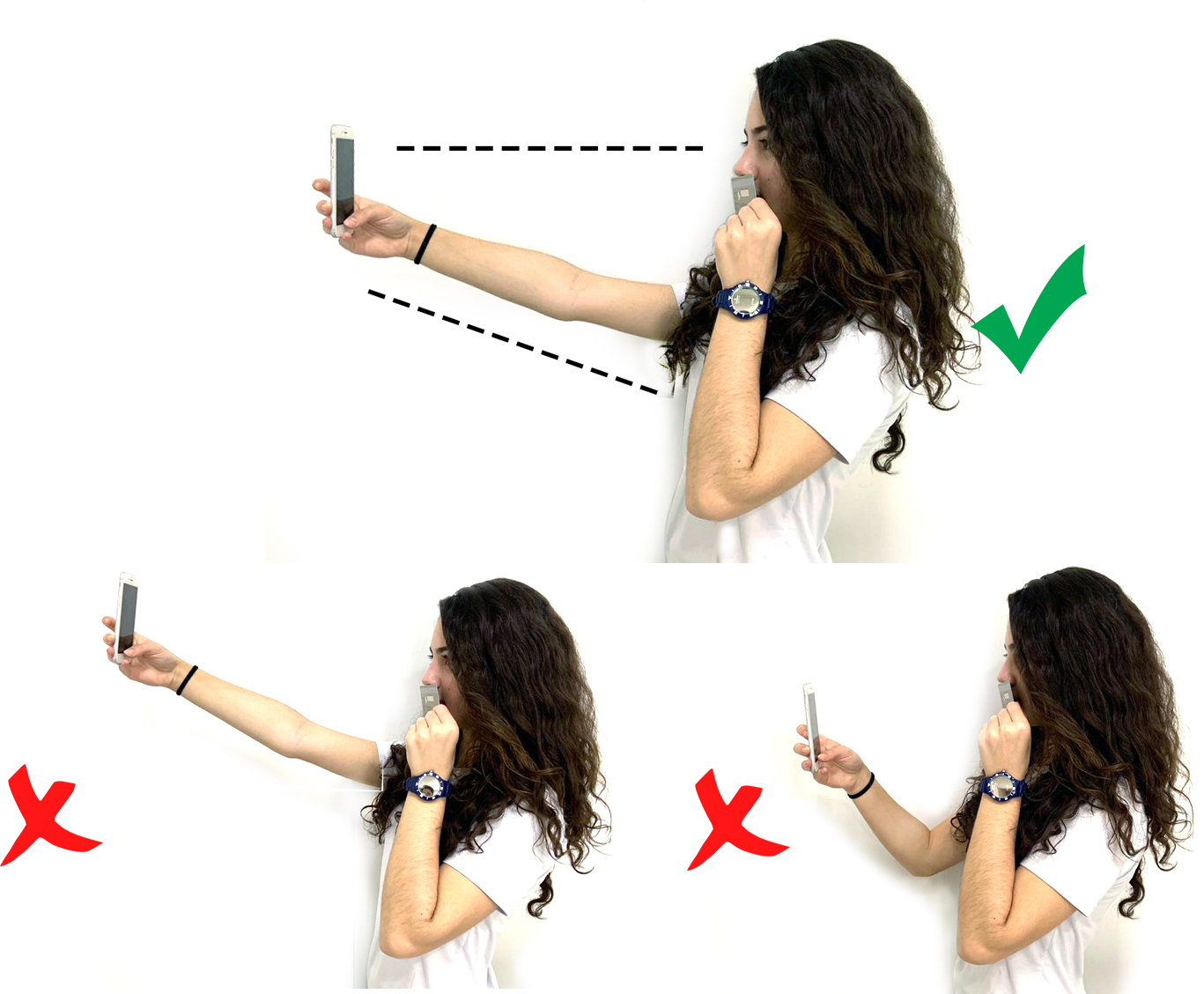 Passo 2: celular na altura dos olhos e braço esticado; inclinado para cima ou para baixo está errado